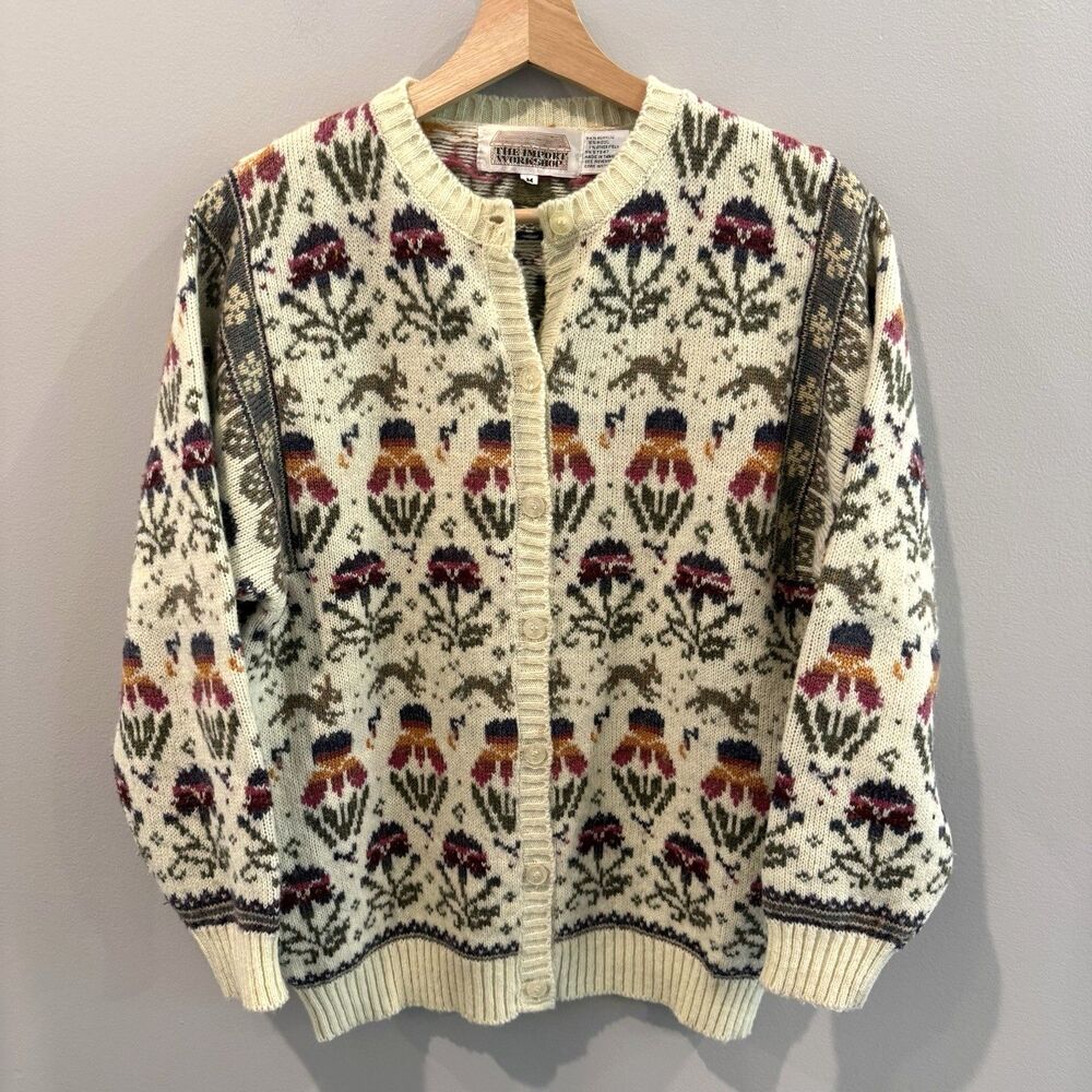 Vtg The Import Workshop Cardigan Sweater Floral Knit Rabbit Grandma Cottagecore